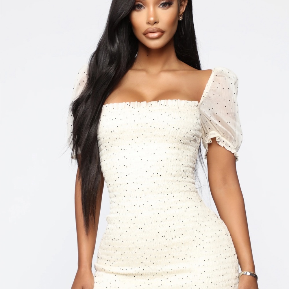 NWT rouged polka dot chiffon gathered mini dress song on replay fashion nova